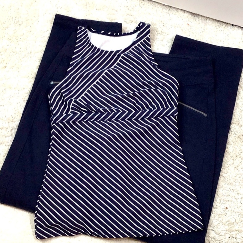 Athleta navy/white striped athletic top XS